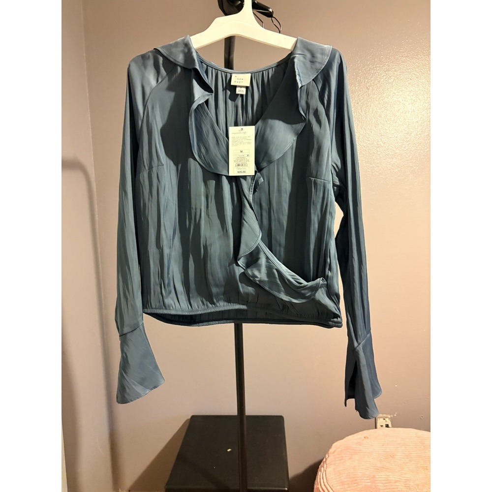 A New Day Blue Teal Blouse, Ruffled Collar, Flair Sleeve Women Sz M - NWT